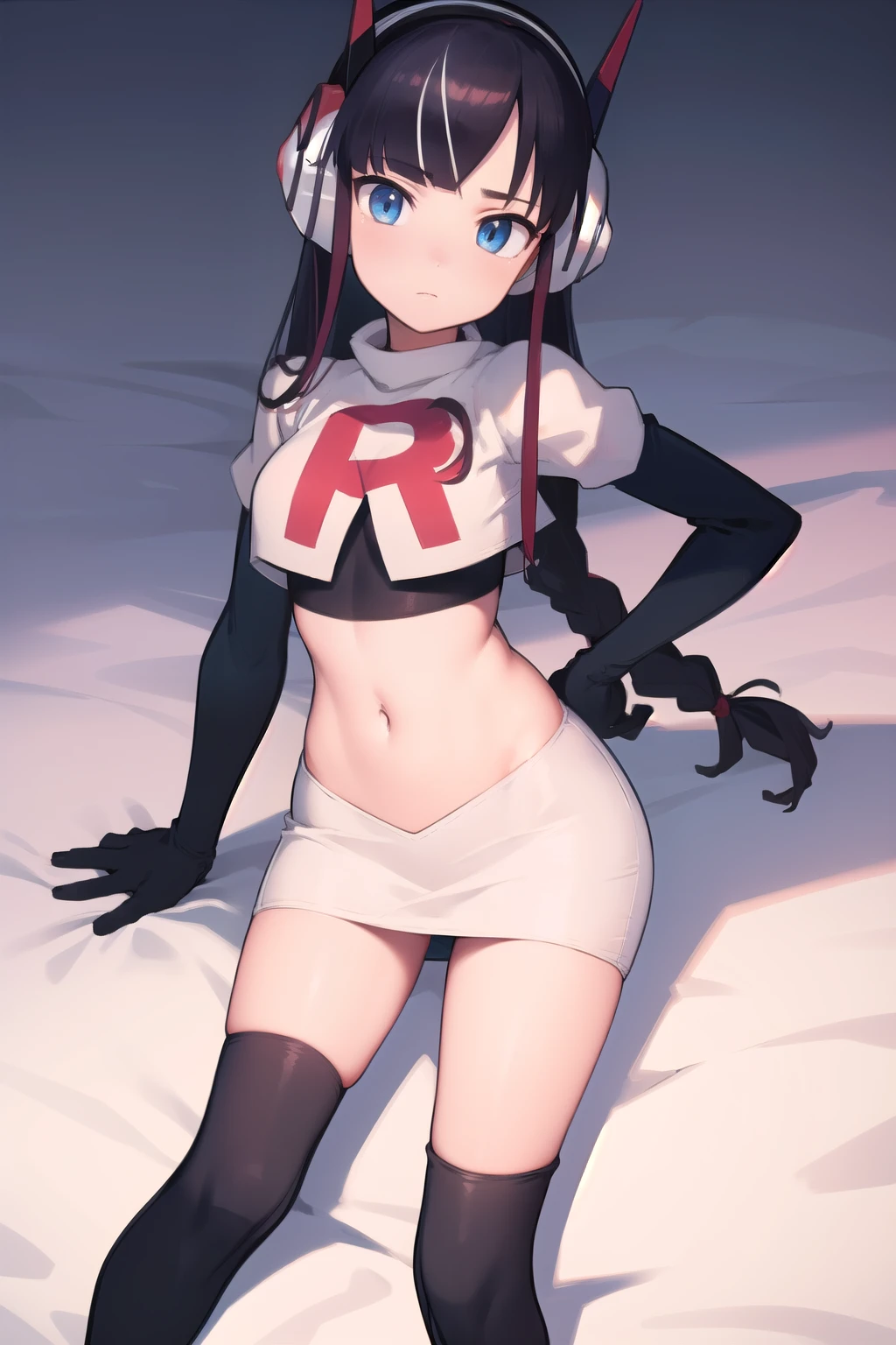 masterpiece, best quality, bw2elesa, black hair, blue eyes, streaked hair, long sidelocks, hair ornaments, headphones, team rocket,team rocket uniform,white skirt,red letter R,crop top,black thigh-highs,black elbow gloves, looking at viewer,
