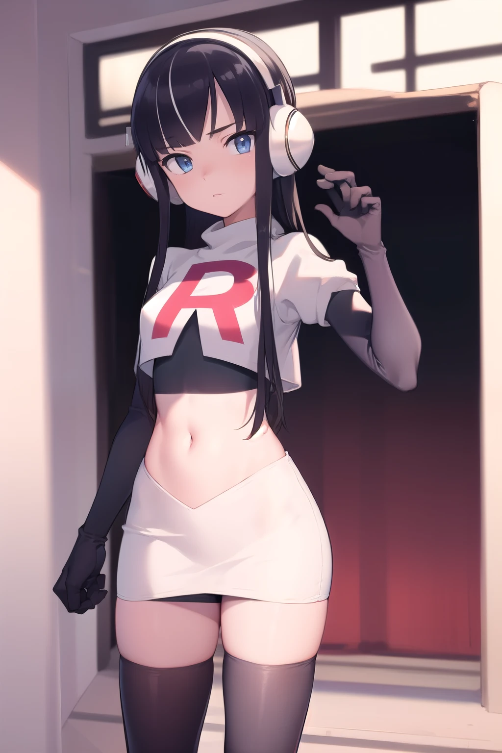 masterpiece, best quality, bw2elesa, black hair, blue eyes, streaked hair, long sidelocks, hair ornaments, headphones, team rocket,team rocket uniform,white skirt,red letter R,crop top,black thigh-highs,black elbow gloves, looking at viewer,
