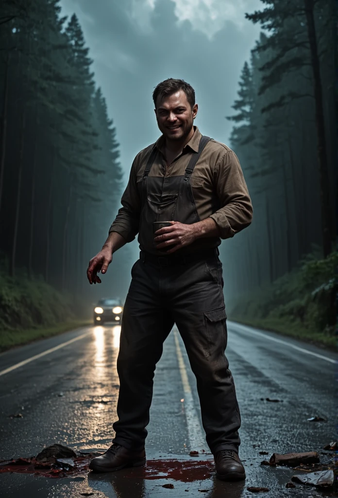 Maniac, night road, roadside, a man tries to stop a car, angry, cinematic, thriller, horror, hands covered in blood, mug in hand, heavy rain, shabby old overalls, evil grin, illuminated by car headlights, road in the forest, detailed, realistic