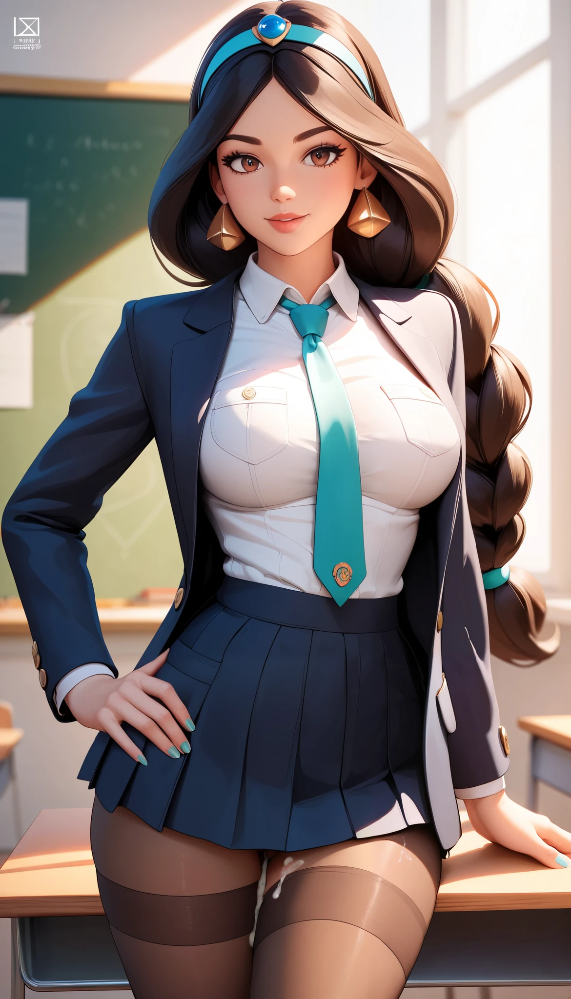 (Perfect Anatomy), Masterpiece, Ultra High Quality, 8k, masterpiece, Highest quality, Ultra-high resolution, Maximum resolution, Very detailed, Professional Lighting, 1girl, princess Jasmine, solo, (masterpiece, best quality), detailed background, (classroom), upper body, looking at viewer, cowboy shot, medium breasts, arabian, black long hair, braid, hair between eyes, brown eyes, shirt, long sleeves, school uniform, jacket, white shirt, green necktie, thick full black pantyhose, buttons, blazer, pocket, (skirtless), brown stockings, seductive, explicit, perfect legs, nsfw, {(thick white jizz on hips), a lot of sperma, (cum on legs)}, nsfw, pervert scum, perverted female, slutty expression, show butt, view from back