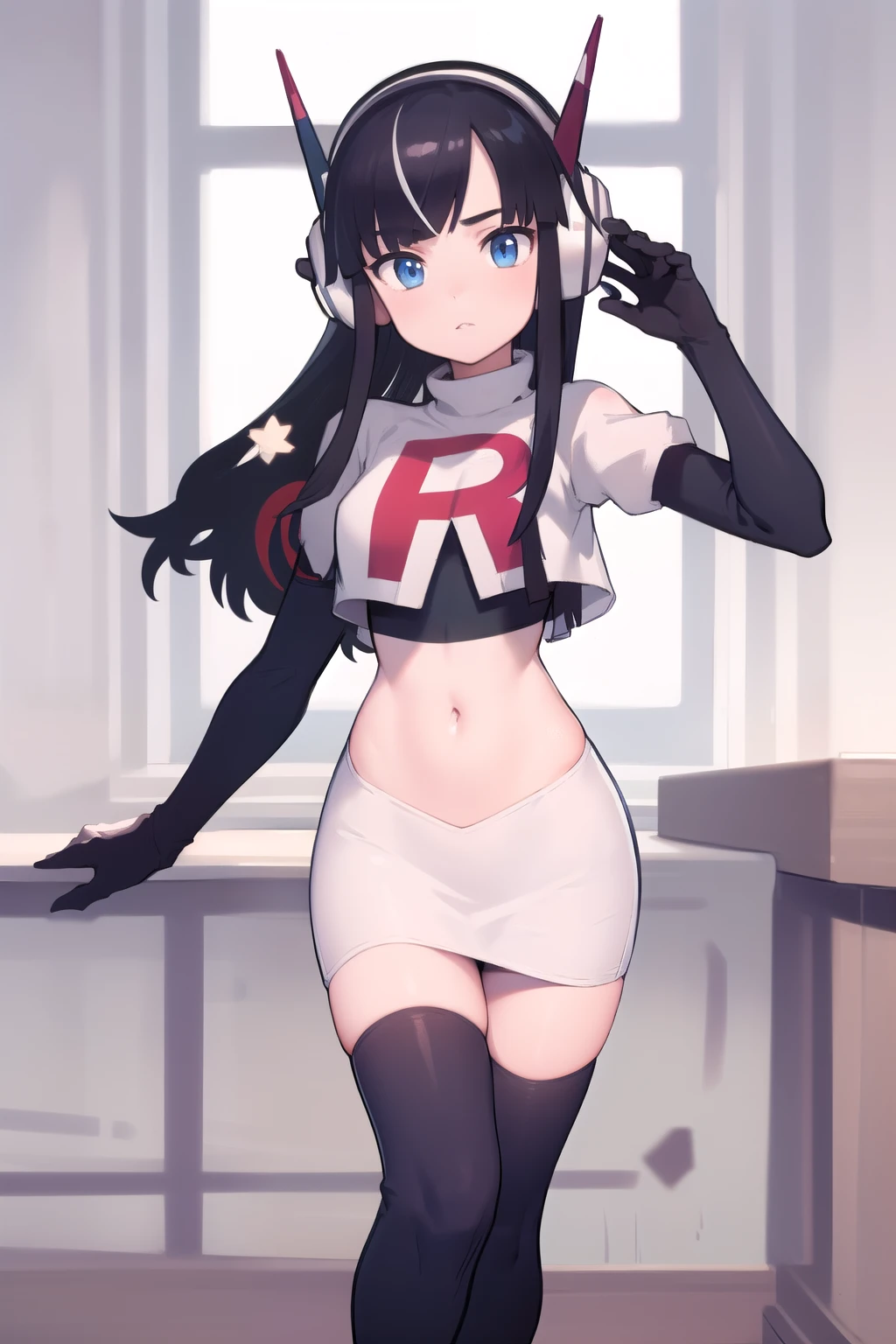 masterpiece, best quality, bw2elesa, black hair, blue eyes, streaked hair, long sidelocks, hair ornaments, headphones, team rocket,team rocket uniform,white skirt,red letter R,crop top,black thigh-highs,black elbow gloves, looking at viewer, 