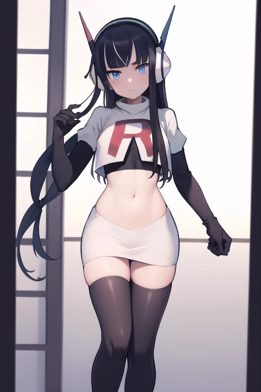 masterpiece, best quality, bw2elesa, black hair, blue eyes, streaked hair, long sidelocks, hair ornaments, headphones, team rocket,team rocket uniform,white skirt,red letter R,crop top,black thigh-highs,black elbow gloves, looking at viewer, 