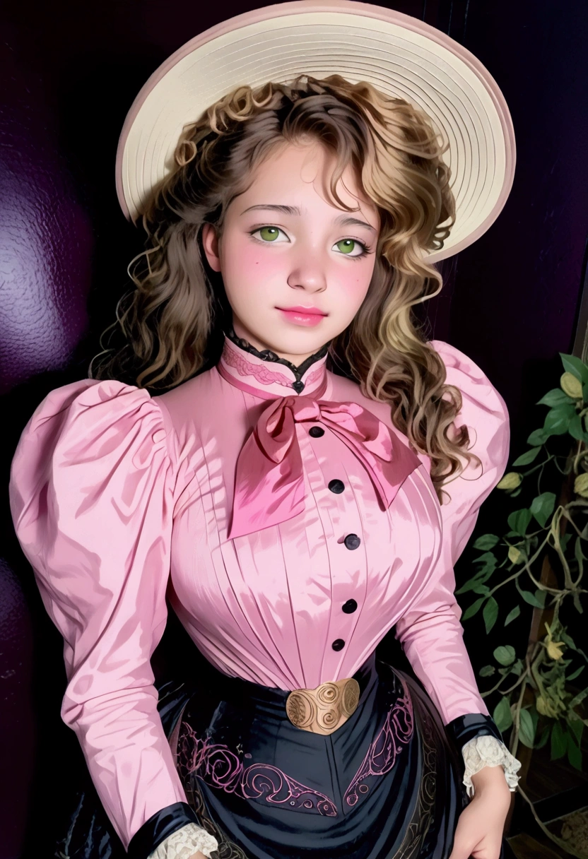 Sexy 12yo Gibson Girl of the Edwardian era. Wearing her (((pink 1900_dr3ss:1.5))). High-collar long sleeve shirtwaist tucked into floor-length skirt, waistband, wide-brimmed picture hat. (((Full body))). 9-inch Wasp waist, bubble butt sticking out. Full body. Honey blonde hair. Sodomized in a forest setting, NSFW