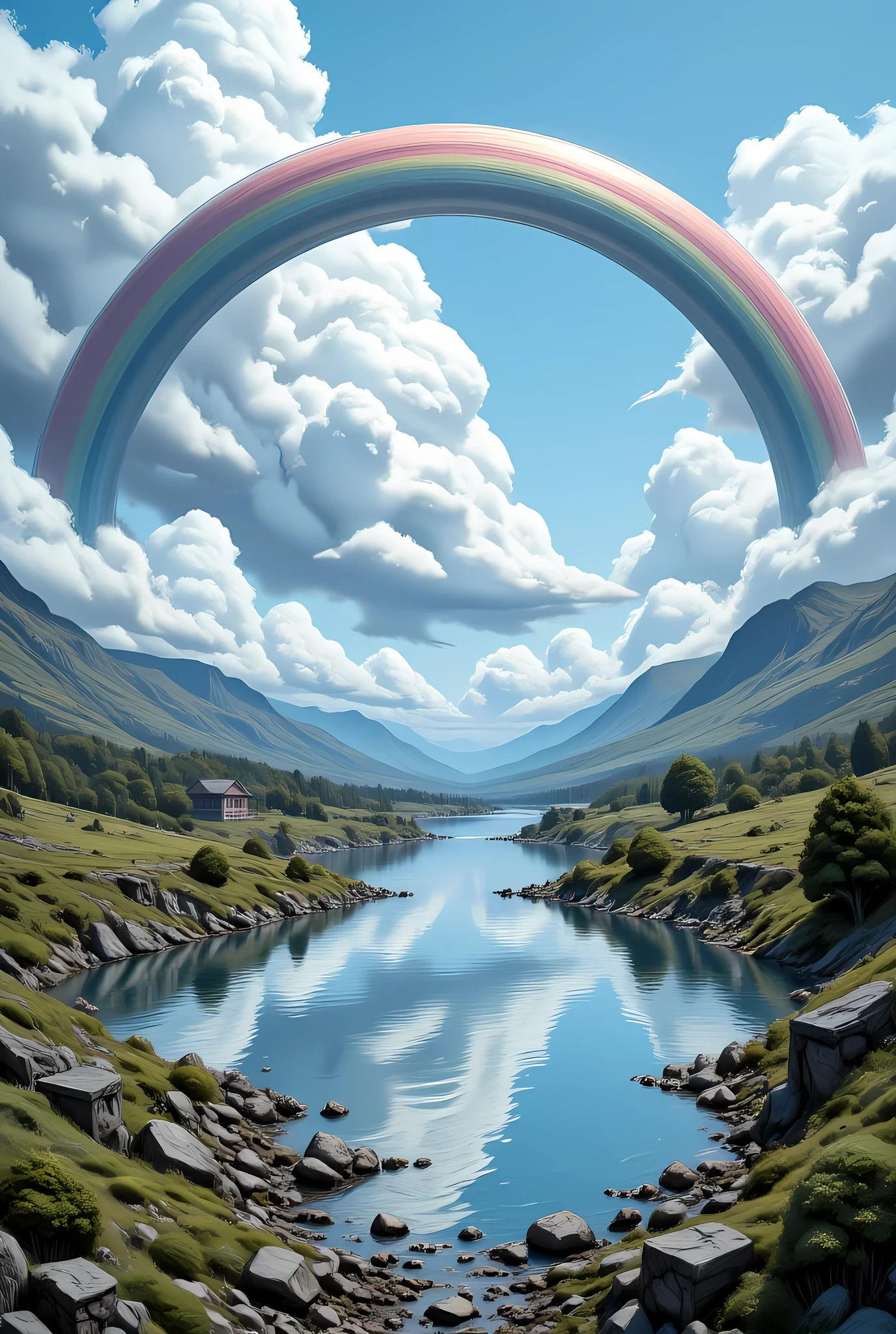 fantasy art, comic art, there is a magical rainbow  white clouds, into a placid lake, tranquil lake, the rainbow and the clouds are reflected in the lake, National Geography photoshoot,  high details, best quality, 16k, [ultra detailed], masterpiece, best quality, (extremely detailed), dynamic angle, intricate details, hyp3rd3tail style