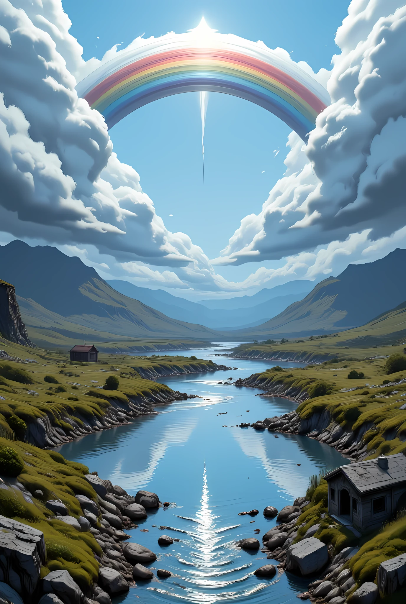 fantasy art, comic art, there is a magical rainbow  white clouds, into a placid lake, tranquil lake, the rainbow and the clouds are reflected in the lake, National Geography photoshoot,  high details, best quality, 16k, [ultra detailed], masterpiece, best quality, (extremely detailed), dynamic angle, intricate details, hyp3rd3tail style