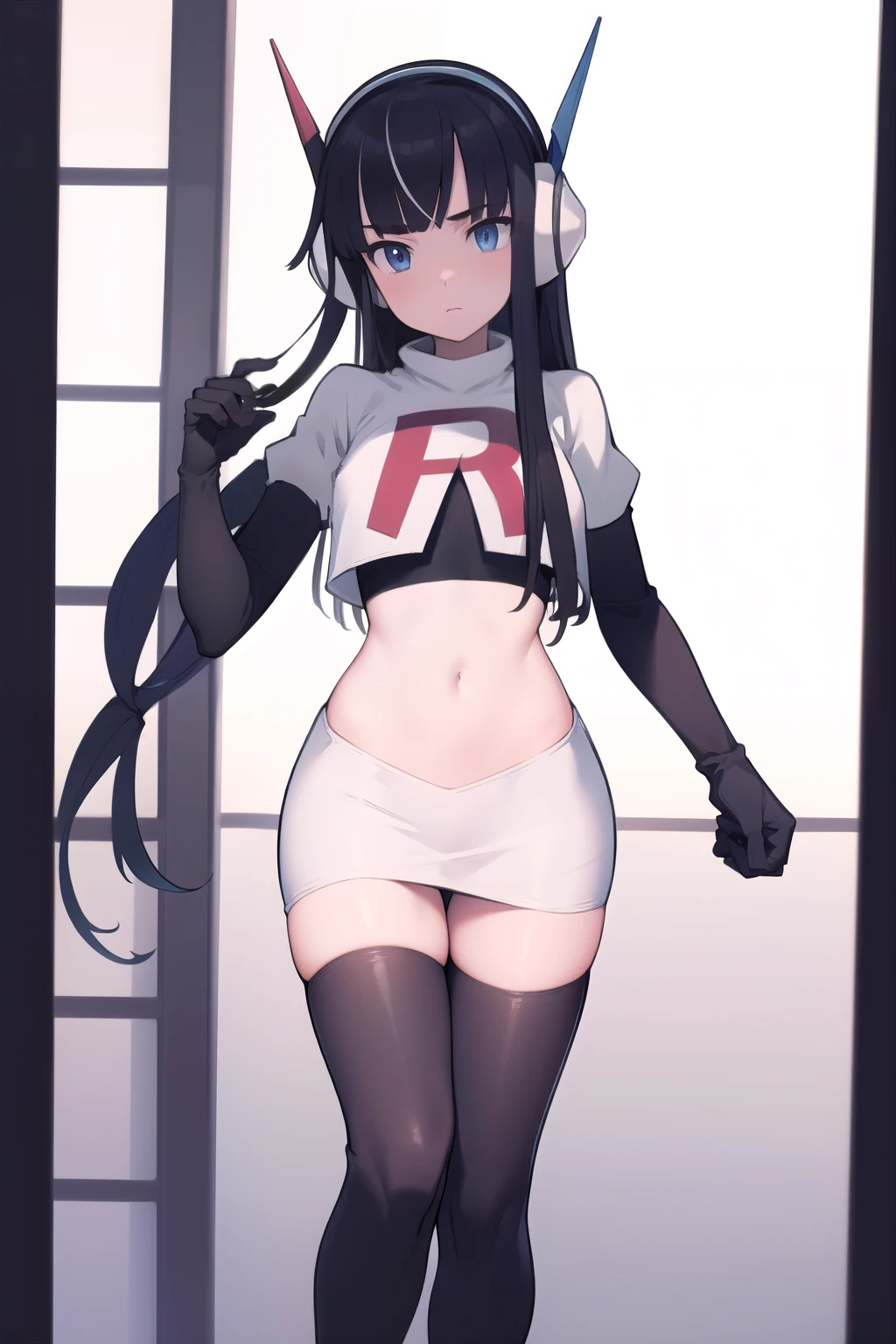 masterpiece, best quality, bw2elesa, black hair, blue eyes, streaked hair, long sidelocks, hair ornaments, headphones, team rocket,team rocket uniform,white skirt,red letter R,crop top,black thigh-highs,black elbow gloves, looking at viewer,