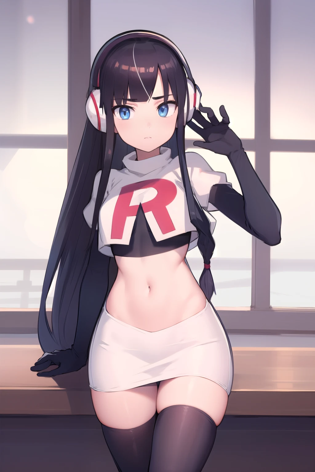 masterpiece, best quality, bw2elesa, black hair, blue eyes, streaked hair, long sidelocks, hair ornaments, headphones, team rocket,team rocket uniform,white skirt,red letter R,crop top,black thigh-highs,black elbow gloves, looking at viewer, 