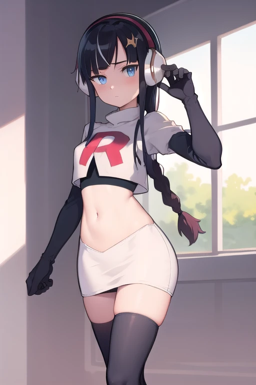 masterpiece, best quality, bw2elesa, black hair, blue eyes, streaked hair, long sidelocks, hair ornaments, headphones, team rocket,team rocket uniform,white skirt,red letter R,crop top,black thigh-highs,black elbow gloves, looking at viewer, 