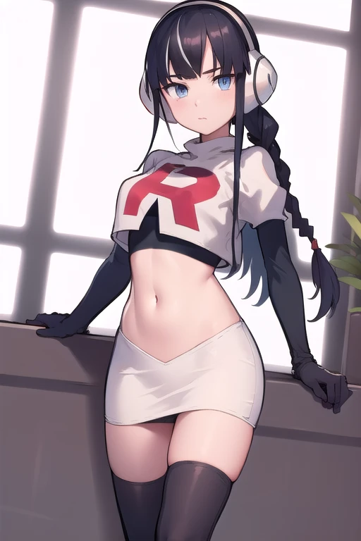 masterpiece, best quality, bw2elesa, black hair, blue eyes, streaked hair, long sidelocks, hair ornaments, headphones, team rocket,team rocket uniform,white skirt,red letter R,crop top,black thigh-highs,black elbow gloves, looking at viewer, 