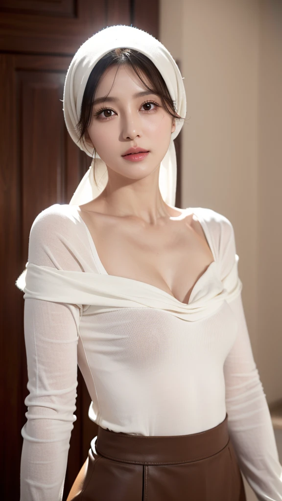 Closed dress top Tight: 1.2, Looking at the viewer, Cinematic lighting, Perfect, soft light, High resolution skin: 1.2, Realistic skin texture, 50 year old mature woman、Small face、no makeup、shoulders visible from the inside, cleavage visible from the inside , Big breasts、White hijab、Mosque room background、looks very sweaty