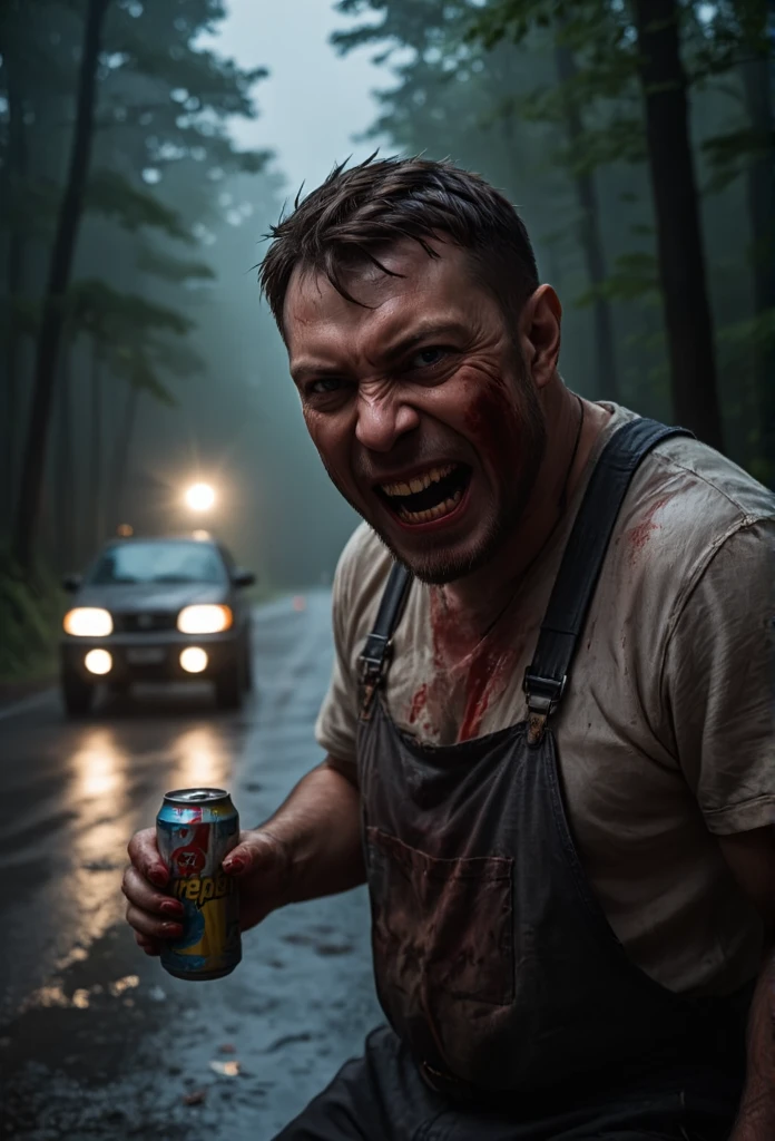 Maniac, night road, roadside, a man tries to stop a car, angry, cinematic, thriller, horror, hands covered in blood, mug in hand, heavy rain, shabby old overalls, evil grin, illuminated by car headlights, road in the forest, detailed, realistic, night, close up, holds in his hand a can of soda with the inscription "PREPSI"