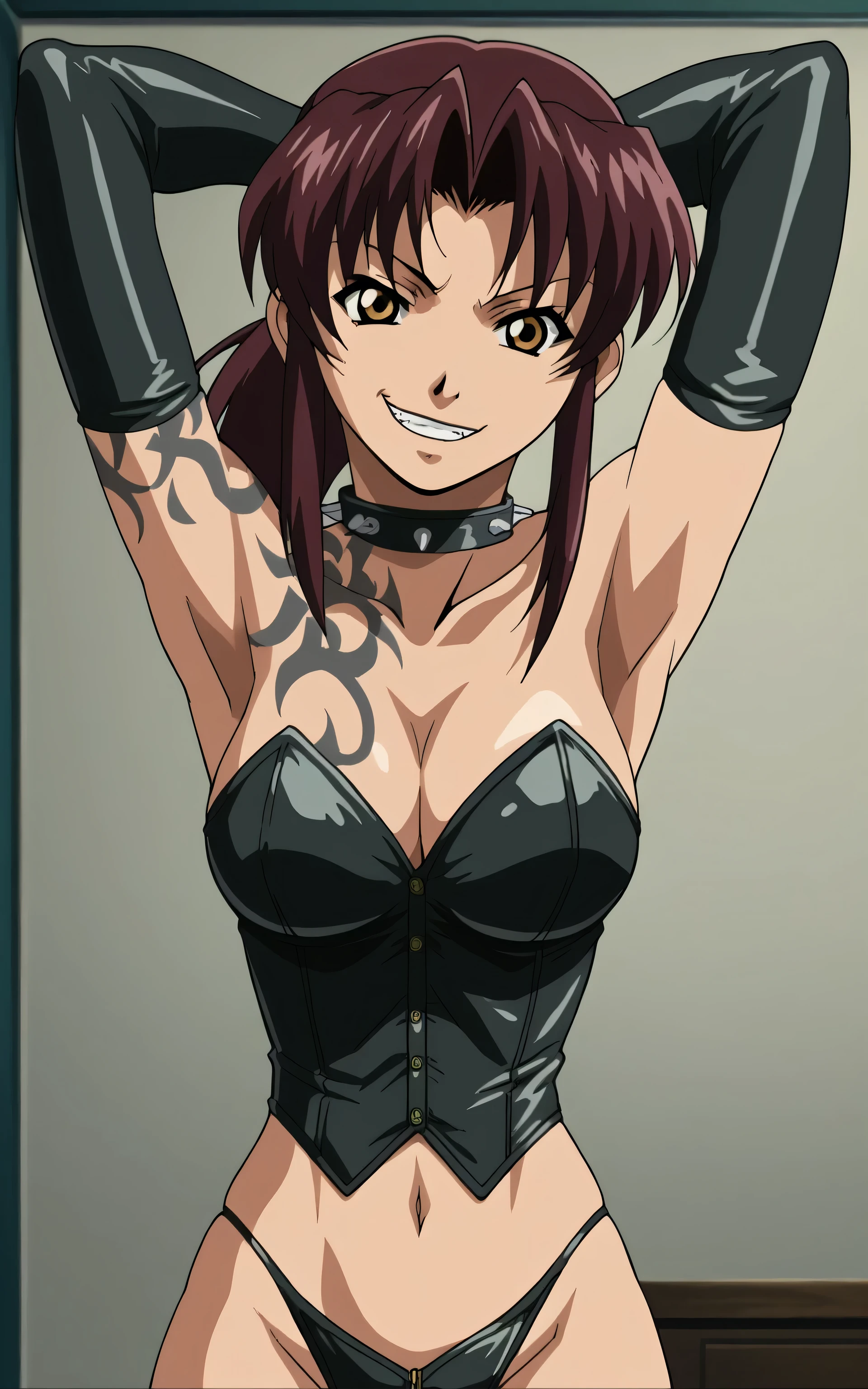 score_9, score_8_up, score_7_up, source_anime, anime screencap, 1girl, solo, Revy, bare shoulders, arms behind head, armpits, looking at viewer, head towards viewer, evil smile, badhandv4, indoors, dominatrix, bondage outfit, whip, holding whip, latex gloves, latex corset, latex panties, elbow gloves, bellybutton, cleavage, strapless, spiked collar, tattoo 