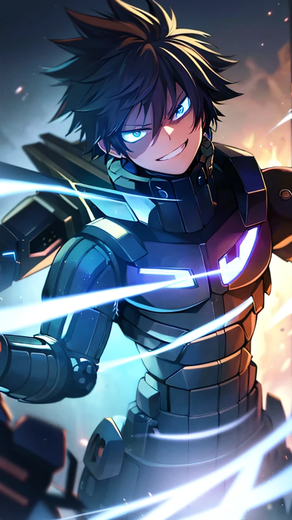 technology parts, flirty grin, cyborg, black hero suit, male, anime, cybernetic parts, black hair with blue streaks, technology, blue eyes, best quality, 4K, My Hero Academia, Boku no Hero 