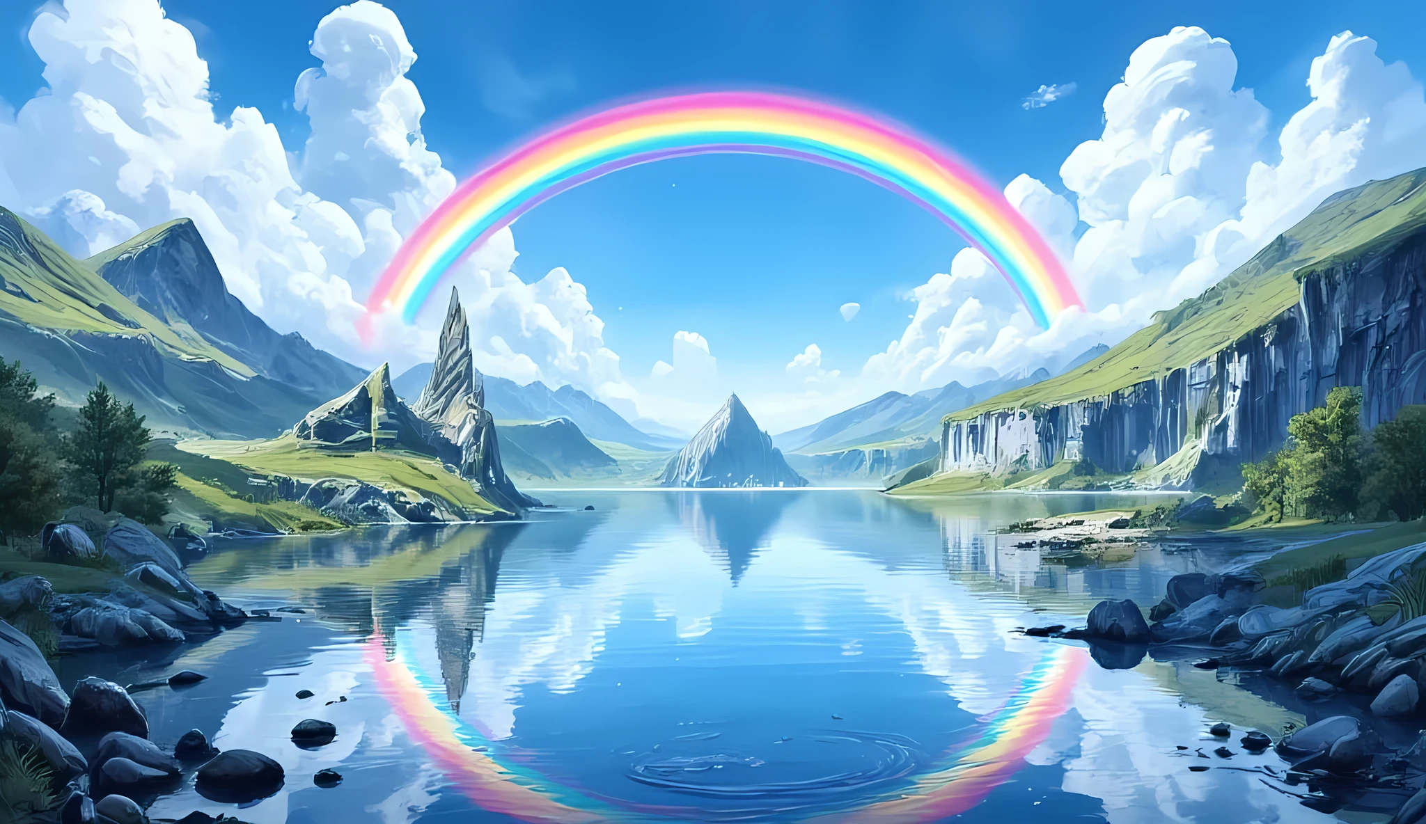 fantasy art, comic art, there is a magical rainbow white clouds, into a placid lake, tranquil lake, the rainbow and the clouds are reflected in the lake, National Geography photoshoot,  high details, best quality, 16k, [ultra detailed], masterpiece, best quality, (extremely detailed), dynamic angle, intricate details, hyp3rd3tail style