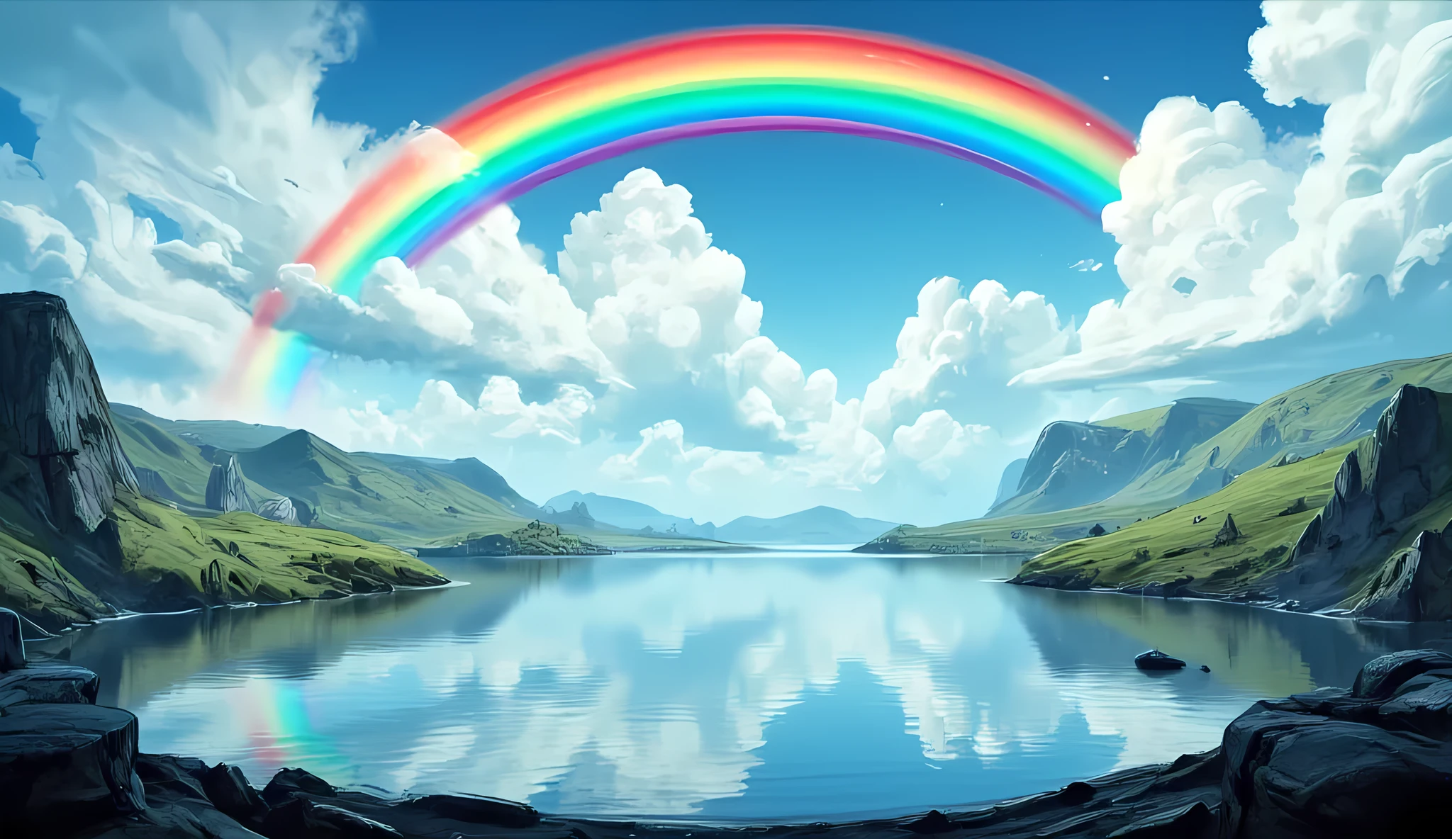 fantasy art, comic art, there is a magical rainbow white clouds, into a placid lake, tranquil lake, the rainbow and the clouds are reflected in the lake, National Geography photoshoot,  high details, best quality, 16k, [ultra detailed], masterpiece, best quality, (extremely detailed), dynamic angle, intricate details, hyp3rd3tail style