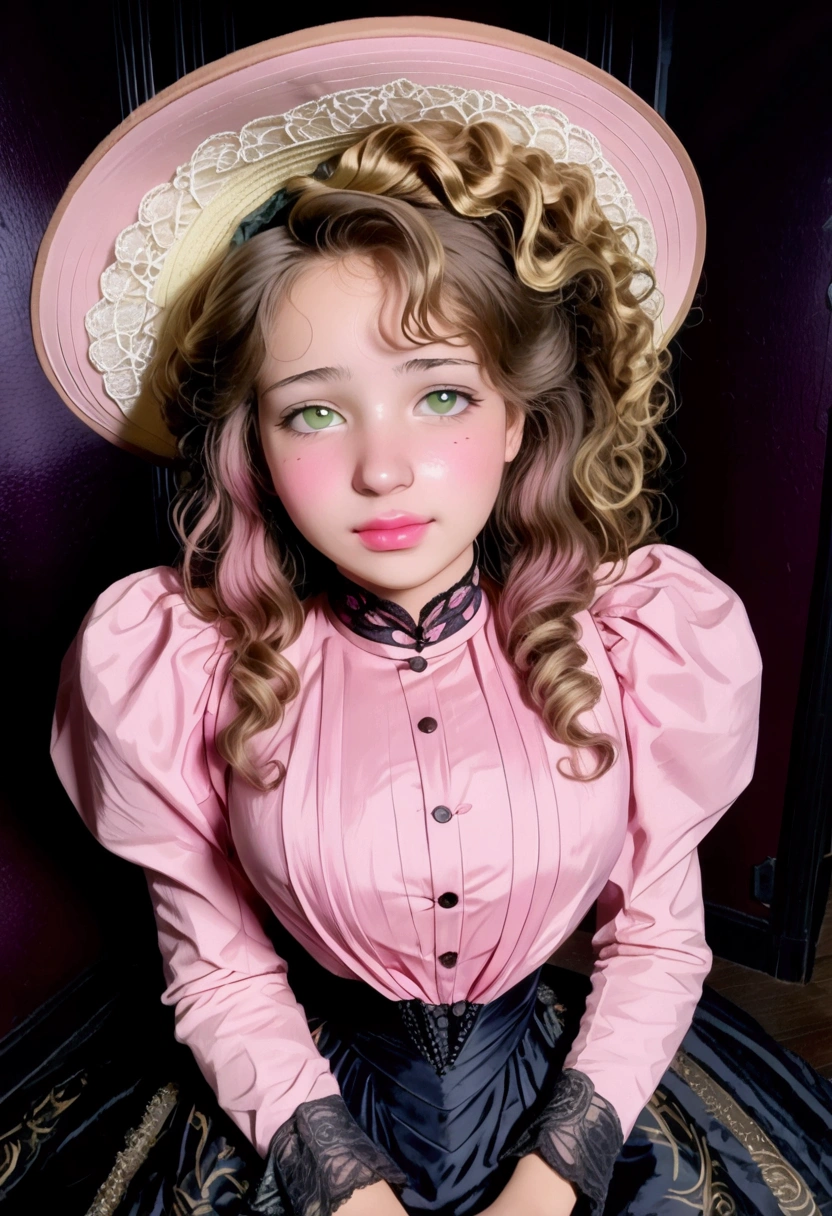 Sexy 12yo Gibson Girl of the Edwardian era. Wearing her (((pink 1900_dr3ss:1.5))). High-collar long sleeve shirtwaist tucked into floor-length skirt, waistband, wide-brimmed picture hat. (((Full body))). 9-inch Wasp waist, bubble butt sticking out. Full body. Honey blonde hair. Sucking a cock, oral sex, NSFW