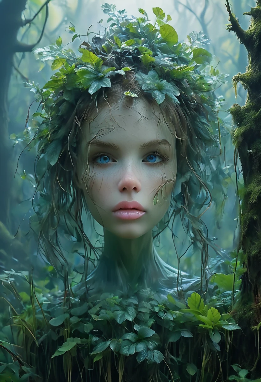 A forest nymph made from dense fog, surrounded by mist and lush vegetation. Large thick lips. Huge Crystal blue eyes. In the style of Brian Froud
