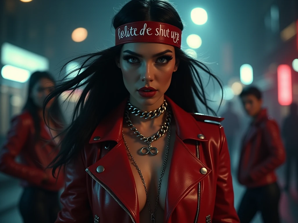 harley quinn, with black and red outfit, with Elsa, with def Leppard t-shirt