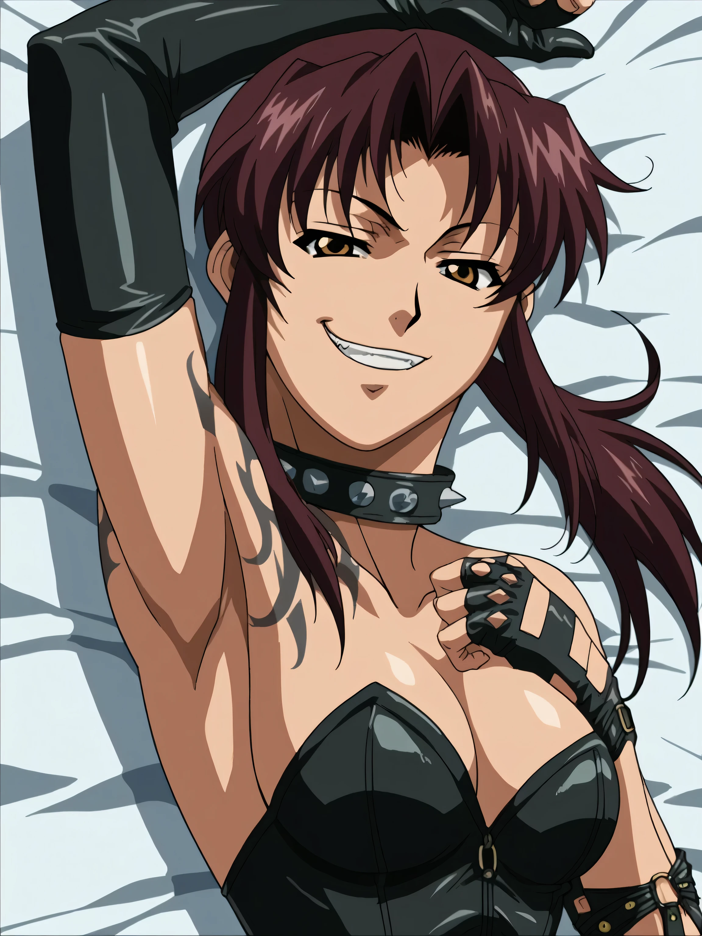 score_9, score_8_up, score_7_up, source_anime, anime screencap, 1girl, solo, Revy, bare shoulders, arm up, raised arm, armpit, looking at viewer, head towards viewer, evil smile, badhandv4 dominatrix, bondage outfit, latex gloves, latex corset, elbow gloves, cleavage, strapless, spiked collar, tattoo, from side, lying in bed 