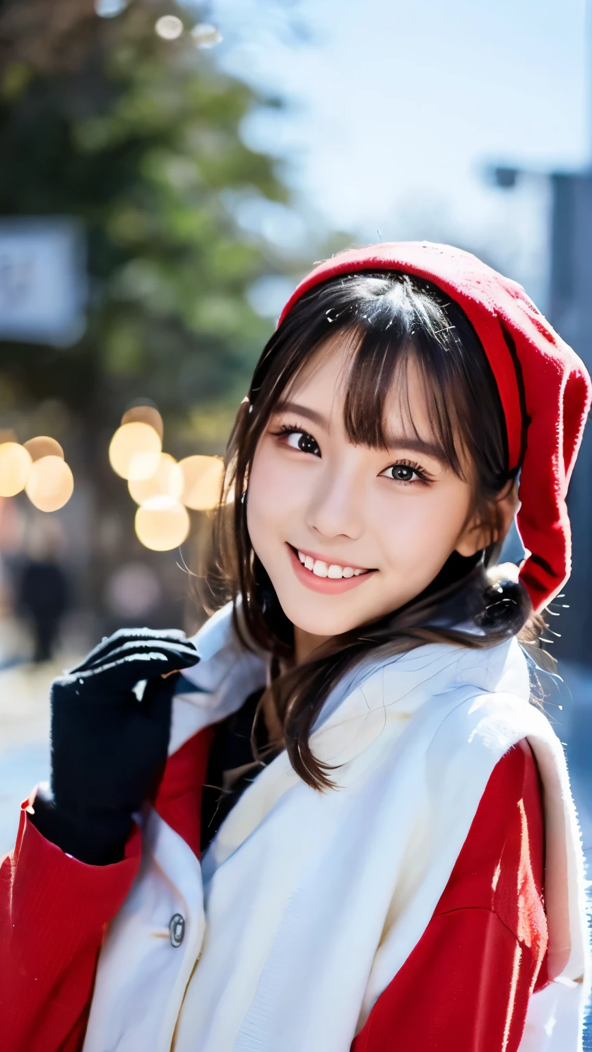 (Wore a winter uniform and scarf coat、 Close-up portrait of a girl with long hair and dull bangs:1.5)、(one person*** wearing a winter uniform and scarf coat spreads her arms and has a shy smile :1.5)、Age 25、( Christmas decorations on a street corner on a snowy winter night :1.5)、(perfect anatomy:1.3)、( completely up to your fingertips :1.3)、Photographically、photo shoot、masterpiece、top-quality、 high definition , Delicate and beautiful、 perfect face、 Beautiful detailed eyes 、 white skin、 Real Human Skin、pores、((Thin legs))、( dark haired)、 Realism, 8k full body portrait, Beautiful Women, attractive expression, 20 years old, Tokyo Eight Cities , Winters, Shibuya Background, Fantasia de Cena de Inverno , Senior Artist , Santa Claus's Workshop , , , A Snowy Winter Christmas Eve ,, City Hut , beautiful artist rendering, !!beautiful!!, The bangs don't hang over the forehead、(
slicked back hair:1.3),