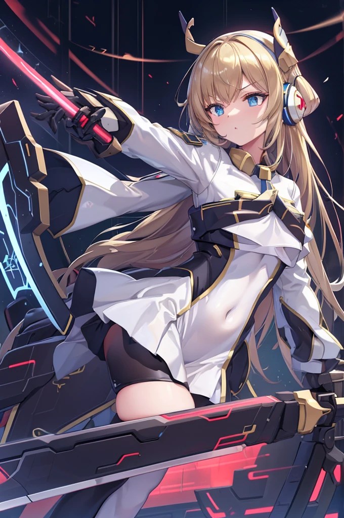 Rin々Funny face、mecha wing、Thighs、tights、chest、 shiny blond hair、 1 girl、 solo girl 、 headset 、mecha girl、White clothes、 light blue mini skirt 、 has a sword、sword、 has a shield、shield、priestess