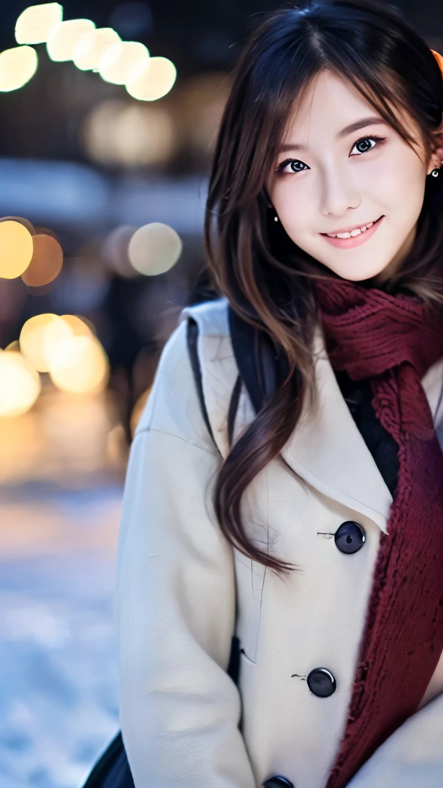 (Wore a winter uniform and scarf coat、 Close-up portrait of a girl with long hair and dull bangs:1.5)、(one person*** wearing a winter uniform and scarf coat spreads her arms and has a shy smile :1.5)、Age 25、( Christmas decorations on a street corner on a snowy winter night :1.5)、(perfect anatomy:1.3)、( completely up to your fingertips :1.3)、Photographically、photo shoot、masterpiece、top-quality、 high definition , Delicate and beautiful、 perfect face、 Beautiful detailed eyes 、 white skin、 Real Human Skin、pores、((Thin legs))、( dark haired)、 Realism, 8k full body portrait, Beautiful Women, attractive expression, 20 years old, Tokyo Eight Cities , Winters, Shibuya Background, Fantasia de Cena de Inverno , Senior Artist , Santa Claus's Workshop , , , A Snowy Winter Christmas Eve ,, City Hut , beautiful artist rendering, !!beautiful!!, The bangs don't hang over the forehead、(
slicked back hair:1.3),