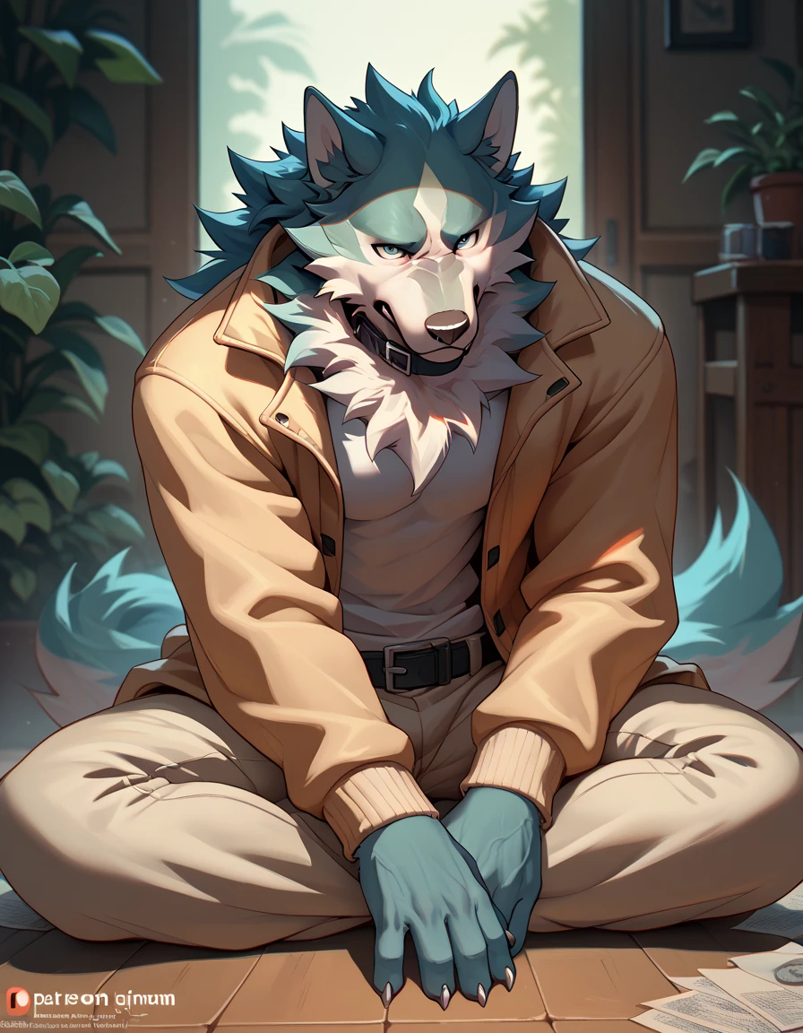 Solo male anthro wolf shirou ogami tied by his wirst sitting on the floor with a muzzle on his snout