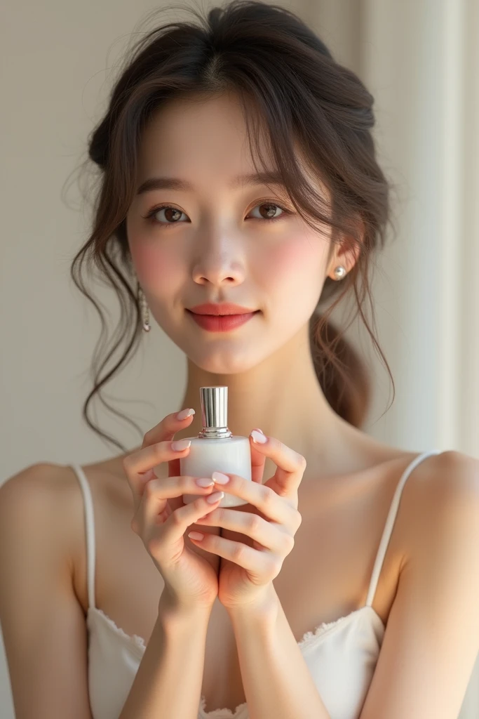 A lady holding a bottle of facial cream, Dilraba Dilmurat, xintong chen, Sakimichan, Cover photo: Portrait of Du Juan, With a cute and delicate face, Inspired by Huang Ji, Home, yanjun chengt, Beautiful images, With a kind face, Shot with Canon EOS R 6, sha xi