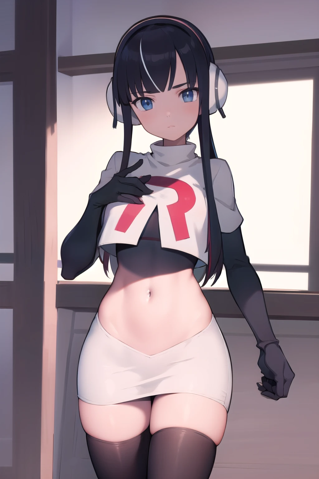 masterpiece, best quality, bw2elesa, black hair, blue eyes, streaked hair, long sidelocks, hair ornaments, headphones, team rocket,team rocket uniform,white skirt,red letter R,crop top,black thigh-highs,black elbow gloves, looking at viewer,