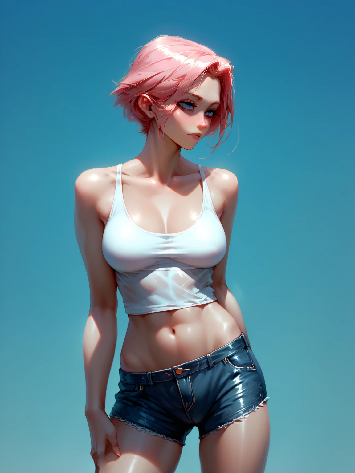  cyborg girl wearing a tank top and shorts with medium breasts