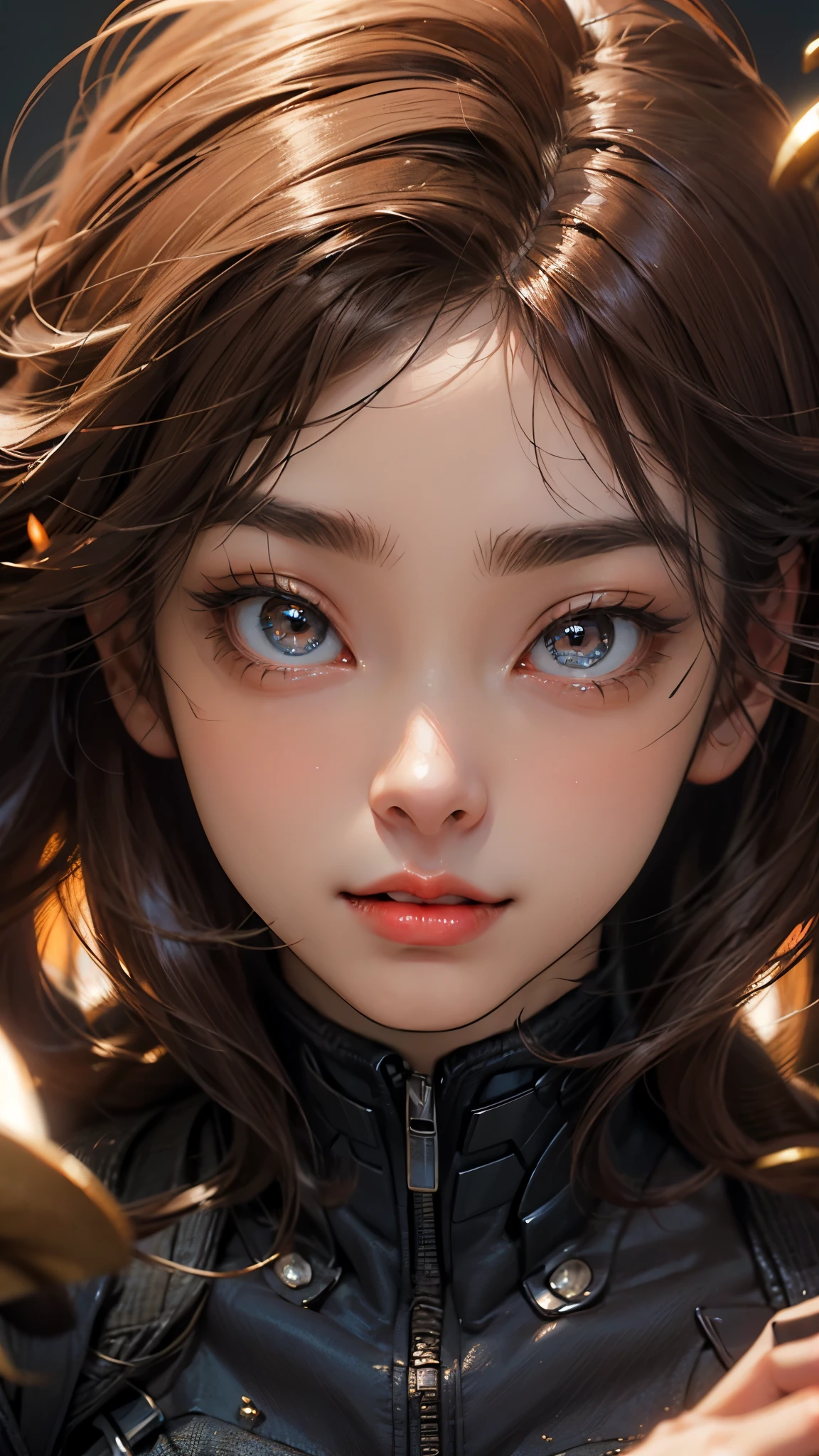 a cyborgwoman,solo,masterpiece,best quality,highres,Extreme detaildelicate face, Extreme detaildelicate eyes,(face alignment),fair complexion,Exquisite hairstyle,light-colored lips,A charming smile.Strong sense of detail and layer,rich and gorgeous color,with a unique sense of texture, Rich color, color harmony, vivid painting ,design,16k,hyper detailed, abstractionism, cute big eyes, sparkles in eyes