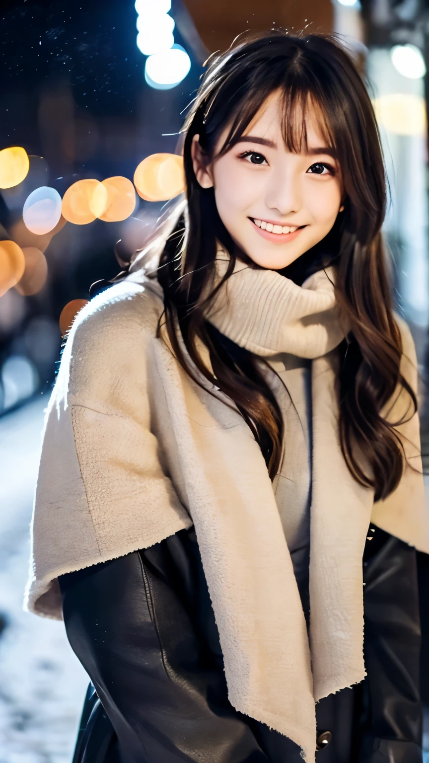 (Wore a winter uniform and scarf coat、 Close-up portrait of a girl with long hair and dull bangs:1.5)、(one person*** wearing a winter uniform and scarf coat spreads her arms and has a shy smile :1.5)、Age 25、( Christmas decorations on a street corner on a snowy winter night :1.5)、(perfect anatomy:1.3)、( completely up to your fingertips :1.3)、Photographically、photo shoot、masterpiece、top-quality、 high definition , Delicate and beautiful、 perfect face、 Beautiful detailed eyes 、 white skin、 Real Human Skin、pores、((Thin legs))、( dark haired)、 Realism, 8k full body portrait, Beautiful Women, attractive expression, 20 years old, Tokyo Eight Cities , Winters, Shibuya Background, Fantasia de Cena de Inverno , Senior Artist , Santa Claus's Workshop , , , A Snowy Winter Christmas Eve ,, City Hut , beautiful artist rendering, !!beautiful!!, The bangs don't hang over the forehead、(
slicked back hair),