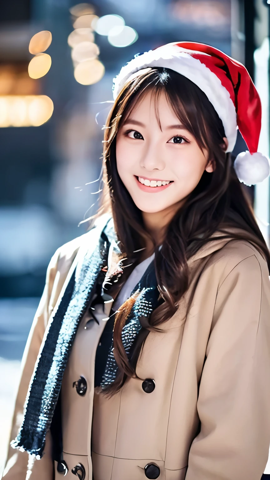 (Wore a winter uniform and scarf coat、 Close-up portrait of a girl with long hair and dull bangs:1.5)、(one person*** wearing a winter uniform and scarf coat spreads her arms and has a shy smile :1.5)、Age 25、( Christmas decorations on a street corner on a snowy winter night :1.5)、(perfect anatomy:1.3)、( completely up to your fingertips :1.3)、Photographically、photo shoot、masterpiece、top-quality、 high definition , Delicate and beautiful、 perfect face、 Beautiful detailed eyes 、 white skin、 Real Human Skin、pores、((Thin legs))、( dark haired)、  Realism, 8k full body portrait,  Beautiful Women,  attractive expression, 20 years old, Tokyo Eight Cities , Winters, Shibuya Background,    Fantasia de Cena de Inverno   ,  Senior Artist ,  Santa Claus's Workshop , , ,  A Snowy Winter Christmas Eve ,, City Hut ,  beautiful artist rendering, !!beautiful!!,  The bangs don't hang over the forehead、(
slicked back hair),