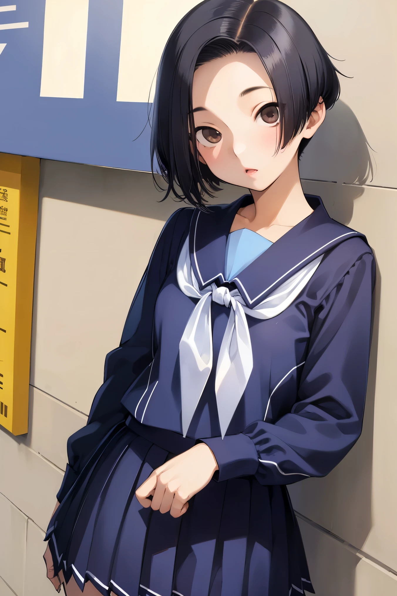 NSFW,masterpiece, best quality, high definition , very detailed,Ah-rinko 、 shorthair、 black hair、 bob cut 、 sailor suit 、Blue Shirt、 Long Sleeve 、 sailor color、white neckerchief、 pleated skirt、Blue Skirt