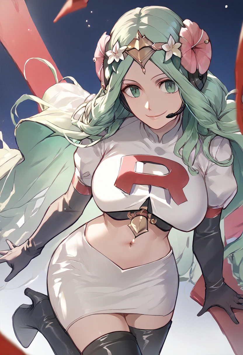 Team rocket, team rocket uniform, red letter R, white skirt,white crop top,black thigh-high boots, black elbow gloves, evil smile, night sky background, headset, large breasts, high-heeled boots, Rhea, green hair