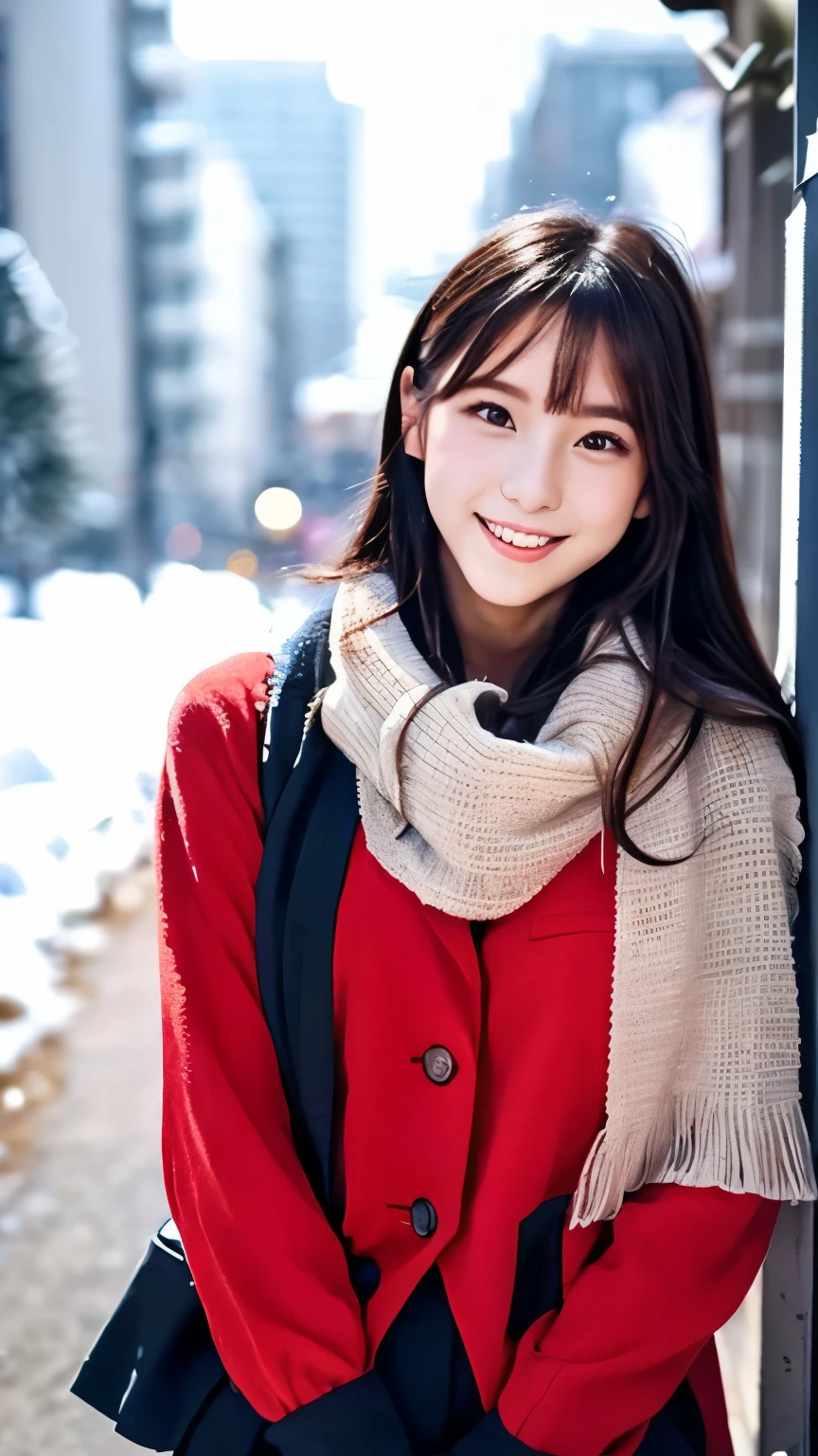 (Wore a winter uniform and scarf coat、 Close-up portrait of a girl with long hair and dull bangs:1.5)、(one person*** wearing a winter uniform and scarf coat spreads her arms and has a shy smile :1.5)、Age 25、( Christmas decorations on a street corner on a snowy winter night :1.5)、(perfect anatomy:1.3)、( completely up to your fingertips :1.3)、Photographically、photo shoot、masterpiece、top-quality、 high definition , Delicate and beautiful、 perfect face、 Beautiful detailed eyes 、 white skin、 Real Human Skin、pores、((Thin legs))、( dark haired)、 Realism, 8k full body portrait, Beautiful Women, attractive expression, 20 years old, Tokyo Eight Cities , Winters, Shibuya Background, Fantasia de Cena de Inverno , Senior Artist , Santa Claus's Workshop , , , A Snowy Winter Christmas Eve ,, City Hut , beautiful artist rendering, !!beautiful!!, The bangs don't hang over the forehead、(
slicked back hair),