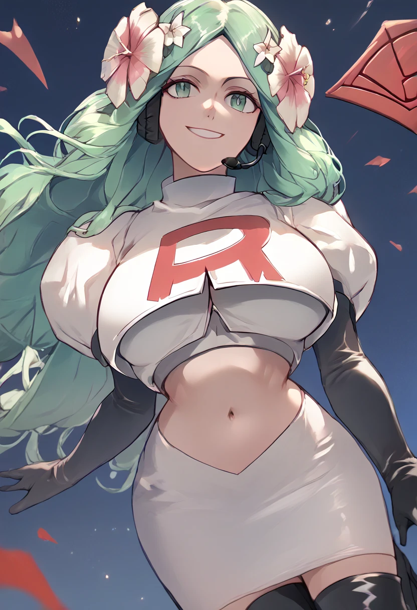 Team rocket, team rocket uniform, red letter R, white skirt,white crop top,black thigh-high boots, black elbow gloves, evil smile, night sky background, headset, large breasts, high-heeled boots, Rhea, green hair