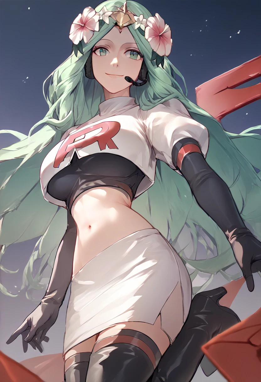 Team rocket, team rocket uniform, red letter R, white skirt,white crop top,black thigh-high boots, black elbow gloves, evil smile, night sky background, headset, large breasts, high-heeled boots, Rhea, green hair