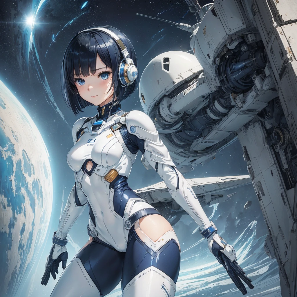 (masterpiece、Highest quality、Highest Resolution、Clear_image、Detailed details): (Whole body、One 20 year old girl、Japanese Faces、Small Face、Slender、Navy blue super short bob cut hair、(Hidden small breasts:1.3)、Sparkling blue eyes、Shiny pilot suit in white, blue and black colors、Chest protection armor、Tight fitting clothes、Clothing that covers the whole body、Glamorous clothes、Tight Fit Pants、Hide your skin、Very delicate and beautiful、Detailed Skin、hide thighs、Hide your ass、Cute、A gentle smile、Soft expression、heroine、headset、Knee-high boots、Elbow-length gloves、Eye Level Shot、Face directly、Woman on a spaceship)