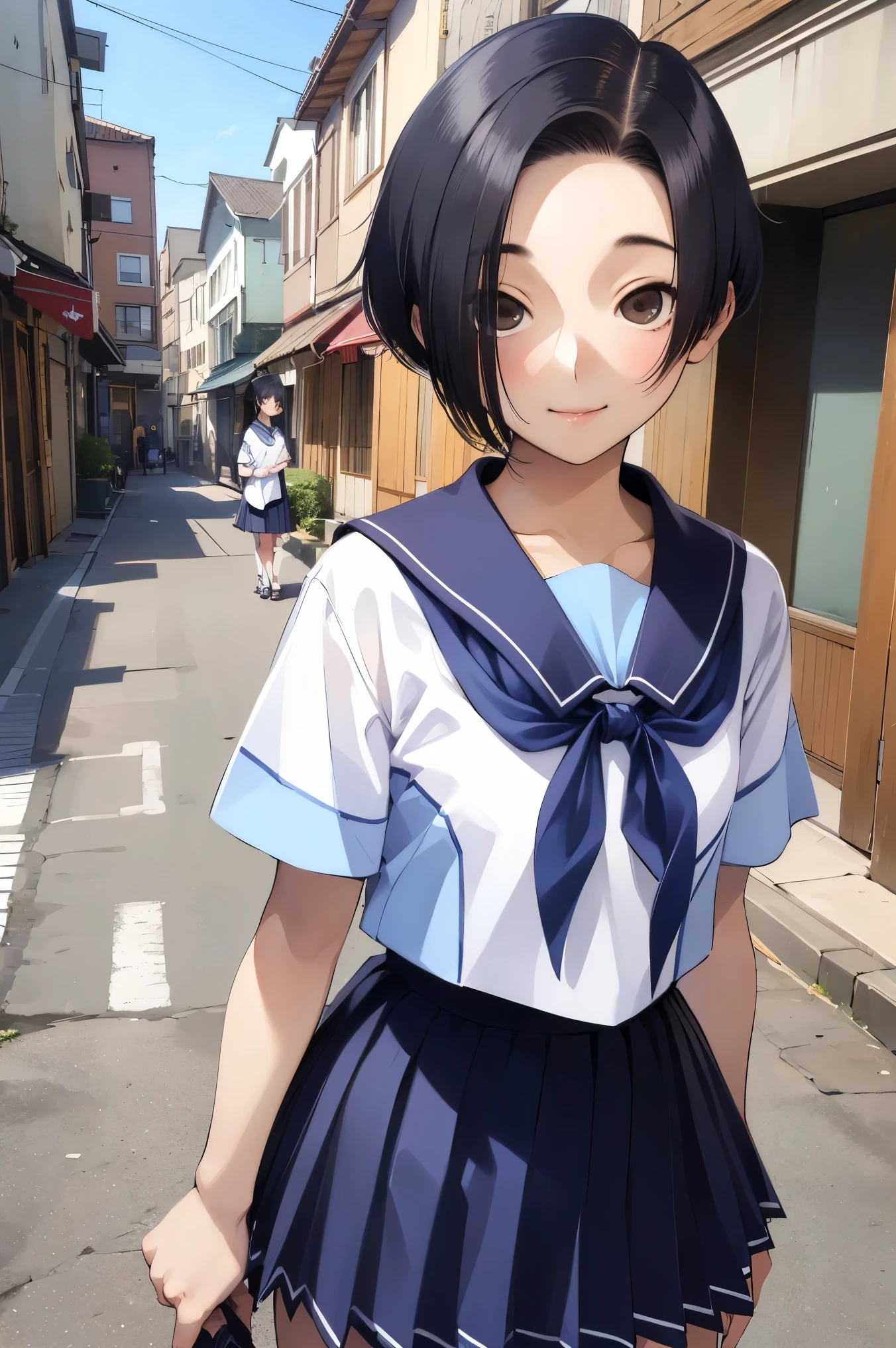 NSFW,masterpiece, best quality, high definition , very detailed,Ah-rinko 、 shorthair、 black hair、 bob cut 、 sailor suit 、 sailor color、 blue neckerchief、 white shirt、Short sleeve、 pleated skirt、Blue Skirt,smile,bustling street