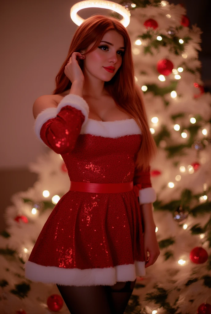 Quality:  
Full body photo, realistic photoshoot, (8k, HD, best quality, masterpiece), ( ultra-hyperrealistic : 1.3),        
atmosphere: 
dramatic cinema lighting, strong contrasts, art, 
Subject : 
 A girl with a halo around her head in a sexy Santa costume, looks like a mix between: 
((Jenna Ortega):0.2 + (anya taylor joy):0.9 + (Solveiga Mykolaitye):1.9),
Outfits:
 a close-up of a girl in sexy Santa costume, posing for a photo, high-quality costume, red shiny dress with white accents , black nylons, high heels
Pose :     
 Turns slightly to the side ,  the look thoughtful ,  a hand strokes through the hair , 
(((looking pleased to the camera):1.9), flat stomach,  slim waist ,  wide hips , Round ass, Thigh gap ,
Scene:    
 Pretty girl posing in front of a Christmas tree , Standing in front of a beautifully decorated Weihnachten tree
Stil:    
 Vivid colors with high contrast for a modern , dynamic style , Pine scent ,cozy,romantic,,breathtaking scenery,warmth,Luck,magical,Holiday mood,winter wonderland, pure love and goodness
Details : 
 festively decorated Christmas tree in the background , Sparkling lights,soft snowflakes fall
