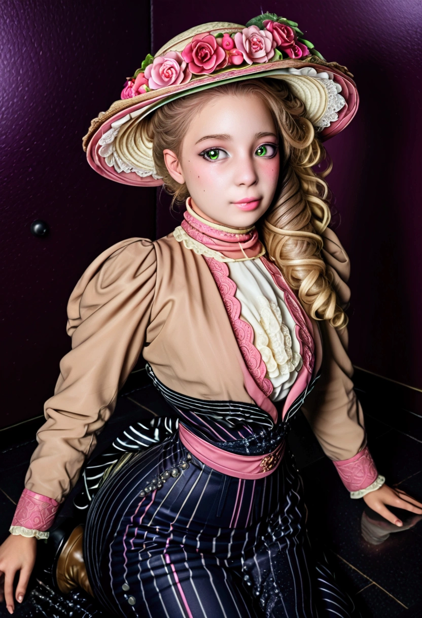 Sexy 12yo Gibson Girl of the Edwardian era. Wearing her (((pink 1900_dr3ss:1.5))). High-collar long sleeve shirtwaist tucked into floor-length skirt, waistband, wide-brimmed picture hat. (((Full body))). 9-inch Wasp waist, bubble butt sticking out. Full body. Honey blonde hair. Sucking a cock, oral sex, NSFW