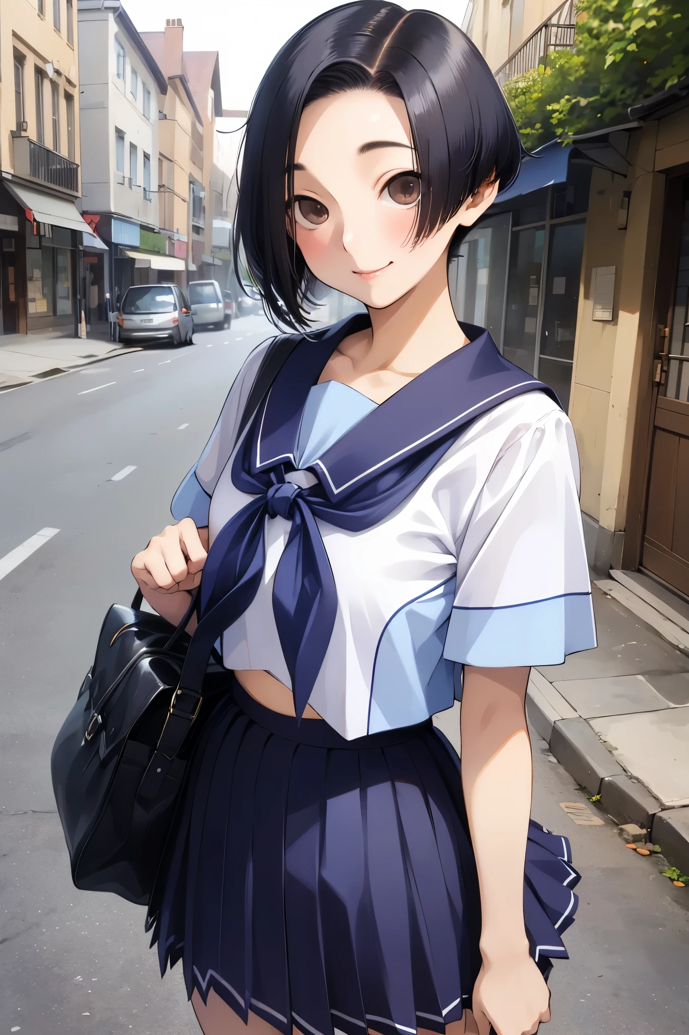 sailor suit, one woman, (a beauty woman, delicate :1.3), black hair, bob cut, Bangs Patsun, 8K, highest quality, masterpiece, Super detailed, ultra high resolution, realistic, RAW photo, absolute resolution, small face compared to body (4:1), very small face (4:1), The face is balanced, black hair, sailor suit, Dark blue skirt, realistic女子高生, ((white headband)), small breasts, tall, slanted eyes, purple eyes, (In front of the school gate), (black stockings), open your mouth, smile, position looking down from above, stand, Back Bag, 