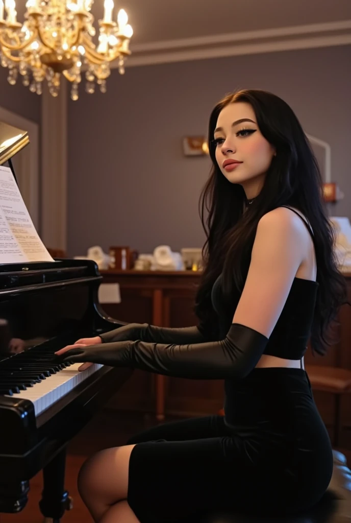 A bimbo egirl woman playing a black grand piano in an old-fashioned hall, illuminated by a grand chandelier. She has fair skin, long black hair styled in loose waves, and bold makeup with dark eyeliner and nude lipstick. Her outfit is a black velvet dress with long gloves, exuding elegance and drama. Sheet music is scattered on the piano, and the atmosphere is melancholic and nostalgic.