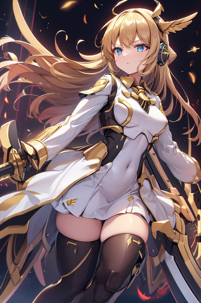 Rin々Funny face、mecha wing、Golden Wings、Thighs、tights、chest、 shiny blond hair、 1 girl、 solo girl 、 headset 、mecha girl、White clothes、Golden mini skirt、 has a sword、sword、 has a shield、shield、priestess