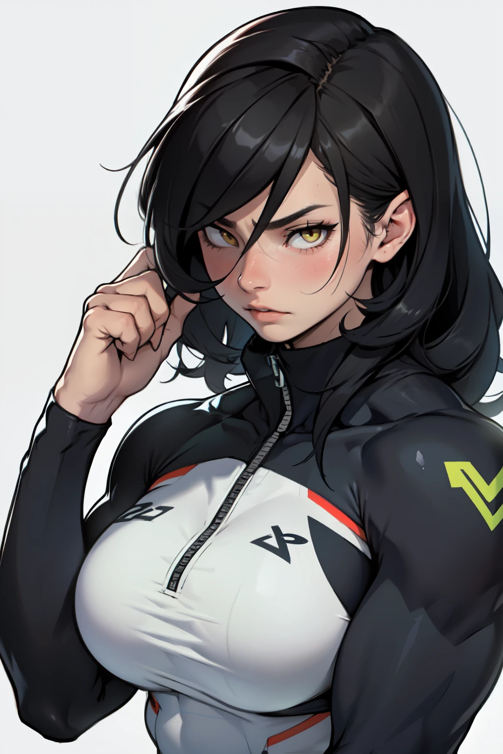 muscular girl large breasts empty eyes sad black hair yellow eyes pale skin