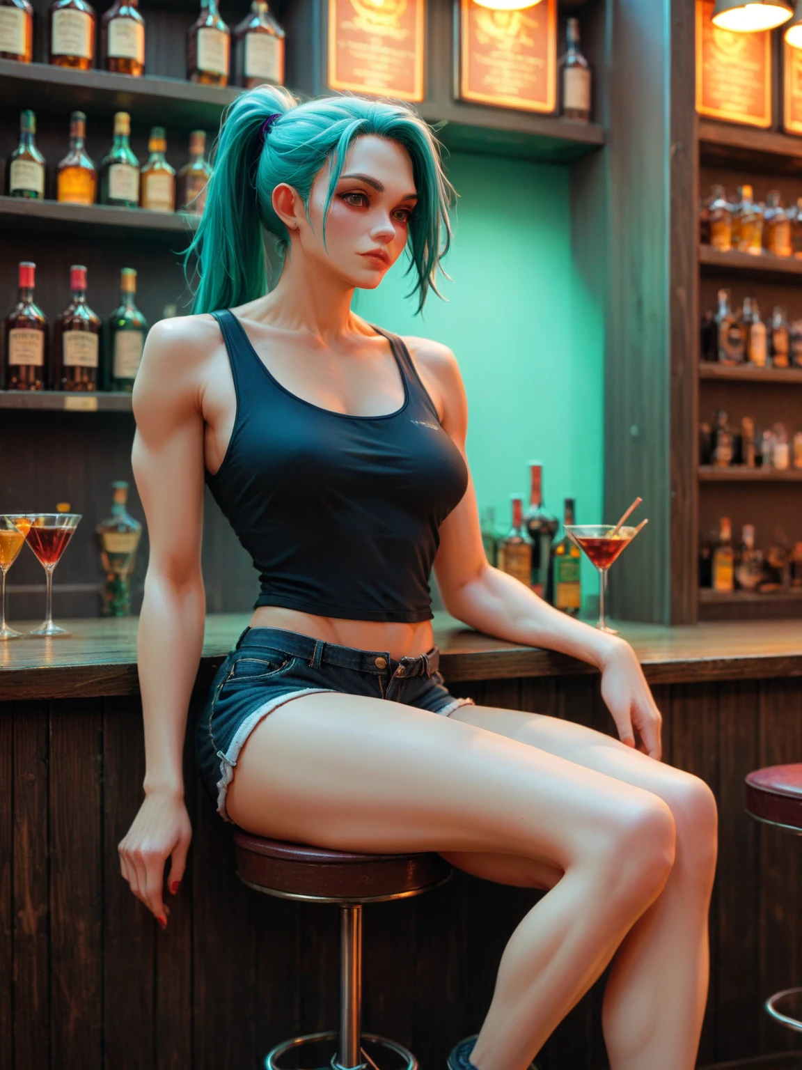 shark furry cyborg girl wearing a tank top and shorts with medium breasts sitting in a bar