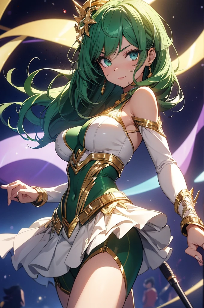 prismatic coloration, holographic environment, young Asian girl, Beautiful, elven ears, serious glare, ponytails, leaf green hair, Heterochromia with deep one eye green & one eye Gold, C-cup, lithe, fit, form-fitting bodysuit with a deep neckline, exposing much of her chest area, full-body, slender legs, beautiful eyes, freckles, leaf green eyebrows, Cute butt, (long straight prismatic reindeer_antlers:1.2), wielding light magic, Battle stance, grassy aura, mythic flowing Black-Purple-Green cloak with Golden Floral designs, Safe-For-Work