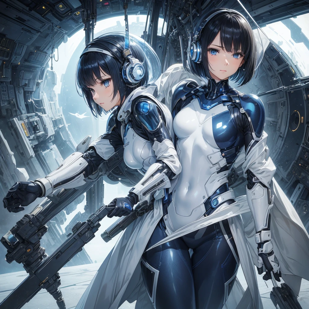 (masterpiece、highest quality、highest resolution、clear_image、detailed details、Angle from above): (full body figure、One 20 year old girl、Japanese faces、small face、Slender、Navy blue super short bob cut hair、(hidden small breasts:1.3)、sparkling blue eyes、Shiny pilot suit in blue and black colors、armor that protects the chest、tight fitting clothes、clothes that cover the whole body、shiny clothes、tight fit pants、hide the skin、very delicate and beautiful、detailed skin、hide thighs、hide your butt、cute type、gentle smile、soft expression、heroine、headset、Knee-high boots、gloves up to the elbow、eye level shot、facing directly、woman on a spaceship)