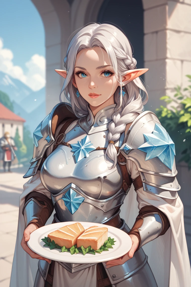 A beautiful elf in silver-green armor in a tavern at night,Beautiful elves,The elf was very happy,beautidful eyes,floated hair,Brown hair tied in a ponytail,Green neck guard,Green cuirass,Silver shoulder armor,Silver gauntlet,Freshly baked bread in one hand,One hand tears small pieces of bread,Wine glasses,steak,A dinner knife is inserted into the steak,apples,The orange,Wooden table,Wooden stools,Medieval inn,